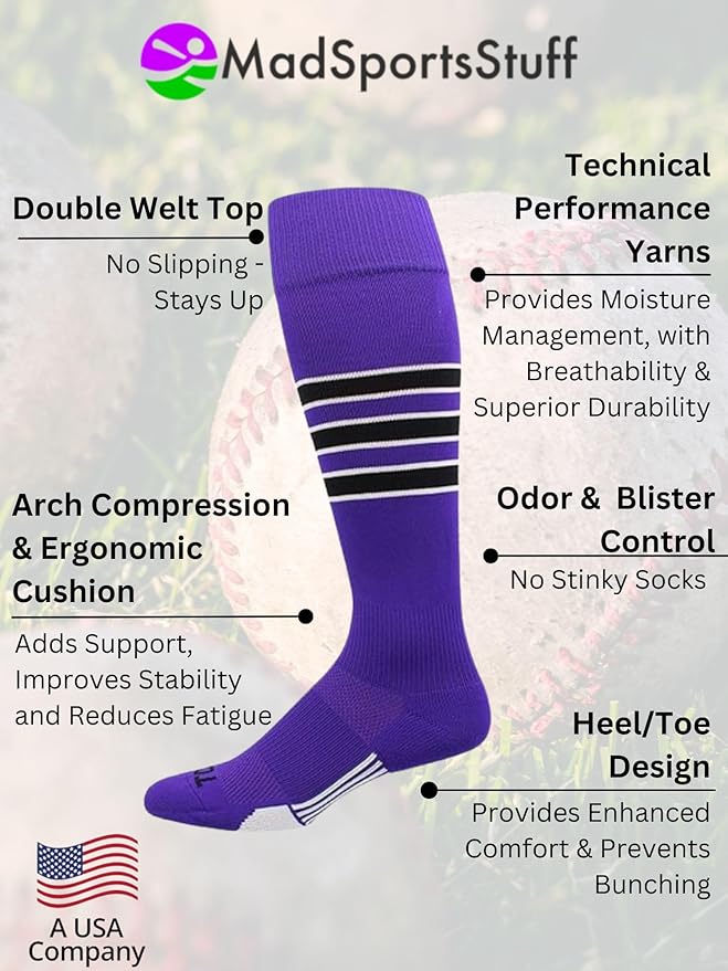 MadSportsStuff Softball Socks Baseball Socks | White & Team Colors | USA Made | Sizes for Girls, Youth Boys, Men & Women