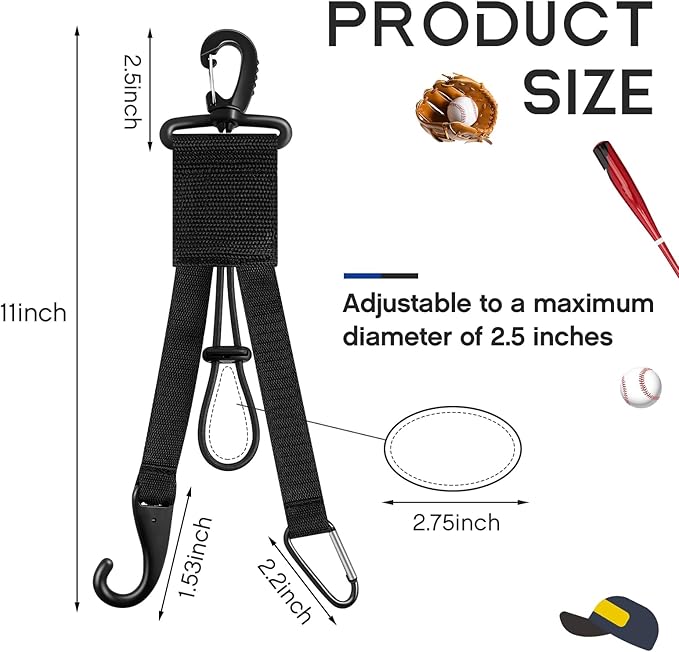 Deekin 10 Pcs Baseball Softball Gear Hanger 3 in 1 Dugout Organizer Bat Holder with Glove Clip and Helmet Hook for Fence Bag Water Bottle Hiking Camping (Black)