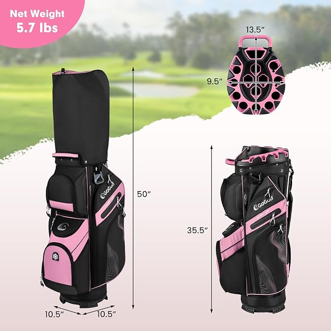 Tangkula Golf Cart Bag with 14-Way Full Length Dividers, 6 Molded Lock Top Golf Club Bag with 11 Pockets, Cooler Bag, Padded Strap, Handles, Umbrella Holder & Rain Hood
