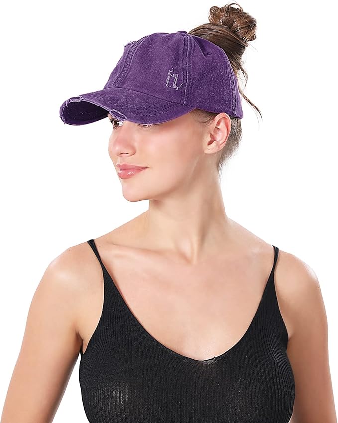 Criss Cross Ponytail Hat Women Washed Distressed Baseball Caps Adjustable High Messy Bun Ponycap