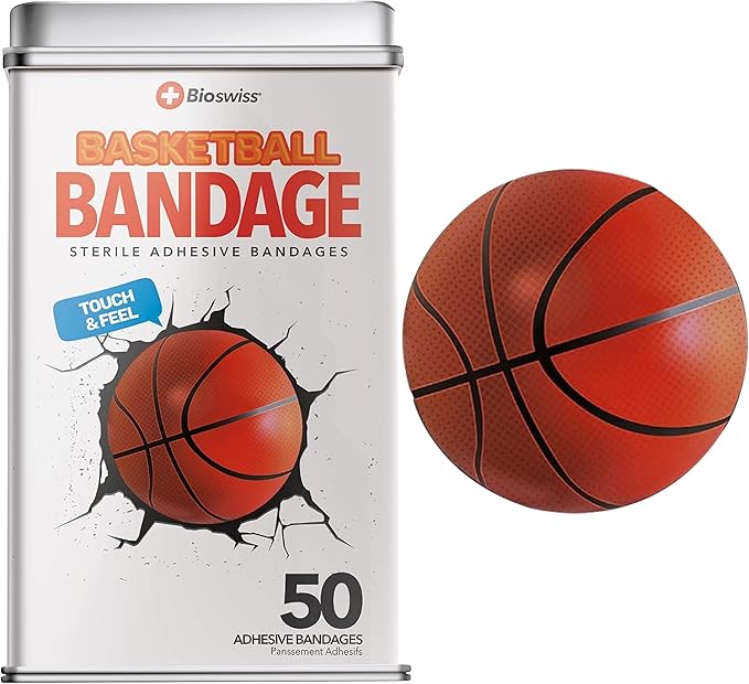 BioSwiss Bandages, Basketball Shaped Self Adhesive Bandage, Latex Free Sterile Wound Care, Fun First Aid Kit Supplies for Kids, 50 Count