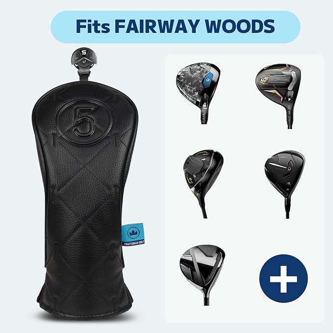 Craftsman Golf Modern Style Premium Black Golf Headcover for 3 5 7 Woods and Driver Hybrids