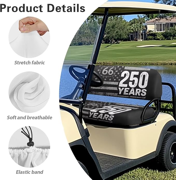 Yewatlles Grey 250th American Flag Golf Cart Seat Cover Set Fashion Printed for Club Car Small Breathable Bench Seat Covers, Washable Polyester Cloth
