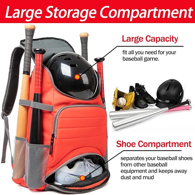 Baseball Bag - Lightweight Softball & T-Ball Backpack with Shoe Compartment for Equipment & Gear
