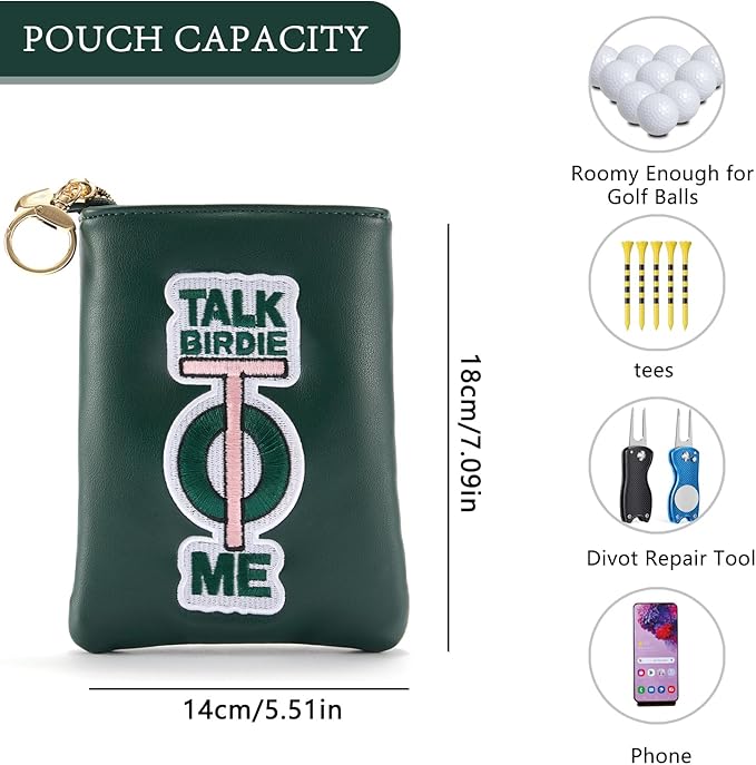 PINKTEE Golf Valuables Pouch Premiun Leather Tee Bag Funny Golf Accessories Organizer with Zipper Master Green for Women Men (TALK BIRDIE TO ME, White stripe)