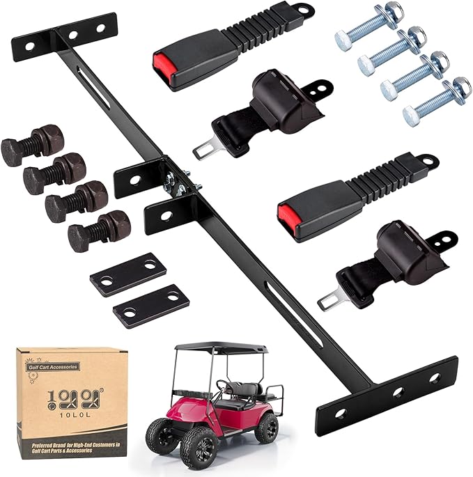 10L0L Universal Golf Cart Seat Belt Bracket Kit for 2 Passengers, Front Seat Retractable Seat Belts with Adjustable Mounting Bar, Fits EZGO TXT/RXV, Club Car DS, Yamaha Carts, Hardware Included
