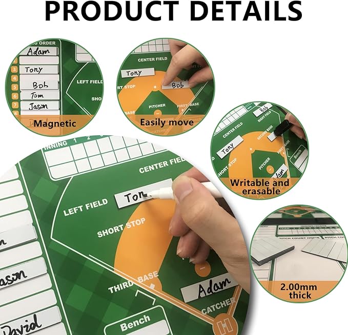 Magnetic Baseball Lineup Board for Dugout, 60 Magnets Coaching Clipboard with Dry Erase & Waterproof Bag – Dugout Organizer for Youth Baseball & Softball Coaches