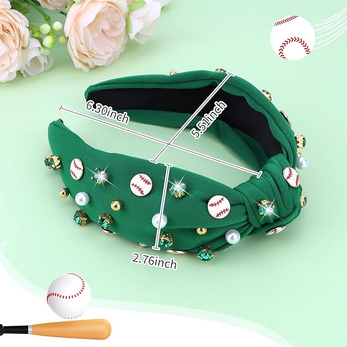 Baseball Headbands for Women Crystal Baseball Embellished Wide Top Knot Headband for Women Game Day Hair Accessories (Green)