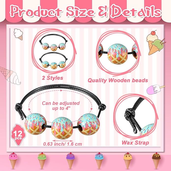 Kigeli 12pcs Baseball Ice Cream Drip Charm Bracelets Adjustable Sport Wristbands with Ice Cream Drip Beads Baseball Team Gifts for Women Men