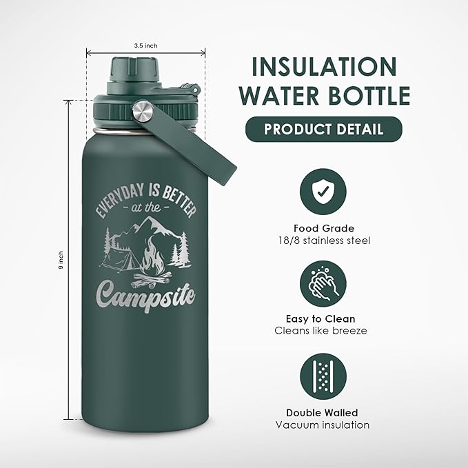 Camping Insulated Stainless Steel Water Bottle 32oz, Everyday is Better with the Campsite, Vacuum Chug Lid Travel Tumbler for Men Friends Dad Brothers Camping Lovers, Gift for Birthday Christmas