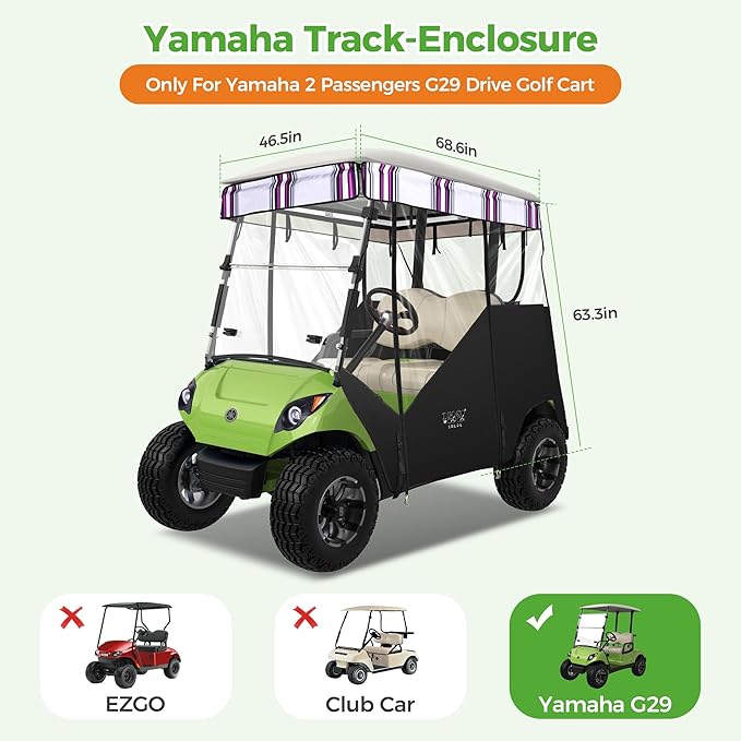 10L0L 2 Passenger Track-Style Enclosure Cover for Yamaha G29 Drive/Drive 2, Waterproof 600D Polyester Rain Shelter with Pre-Drilled Awning Track, 3-Piece Zip-Off Design, Roll-Up All Sides,Valance