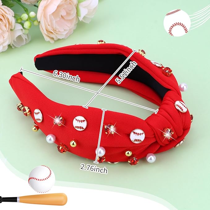 Baseball Headbands for Women Crystal Baseball Embellished Wide Top Knot Headband for Women Game Day Hair Accessories (Red)
