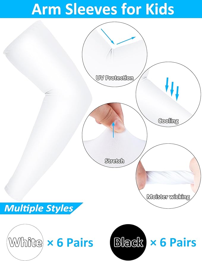 12 Pairs Sports Arm Sleeves for Kids Basketball Baseball Arm Sleeves UV Sun Protection Cooling Arm Cover Sleeve