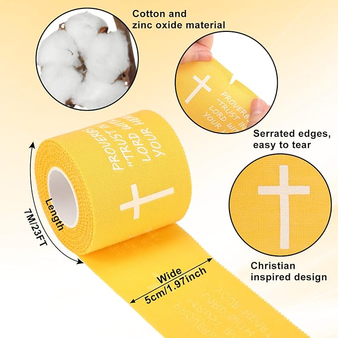 MiniInflat 2 Pcs Christian Cross Athletic Tape Sports Tape 2in x 23ft Religion Jesus Wrist Wrap for Soccer Football Baseball, Gift for Graduation Teacher Nurses Week Pentecost(Yellow,Proverbs)