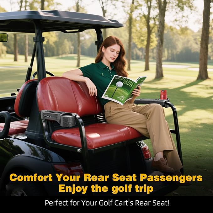 Roykaw Golf Cart Armrest No Drilling Rear Seat Arm Rest, Universal Compatible with EZGO Club Car Yamaha Square Frame Model, with Cup Holder & Phone Holder, Easy to Store & Waterproof