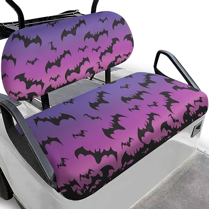 Yewatlles Purple Retro Halloween Bats Golf Cart Seat Cover Set Fashion Printed for Club Car Small Breathable Bench Seat Covers, Washable Polyester Cloth Without Logo