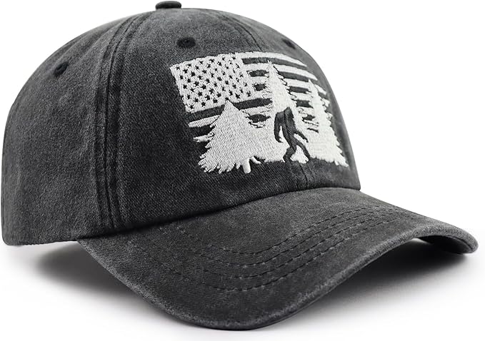 Bigfoot American Flag Hat for Men Women, Funny Adjustable Cotton Big Foot Sasquatch Patriotic Baseball Cap