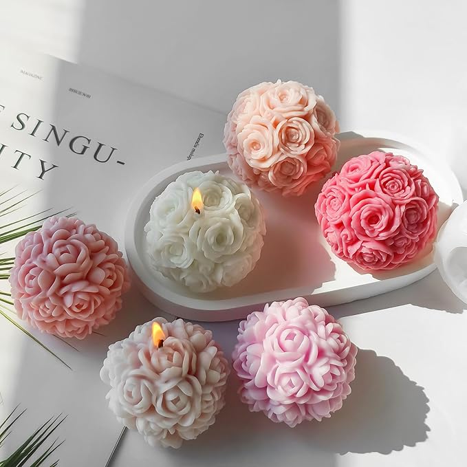 JDH 2 PCS Rose Ball Round Candle Mold 3D Rose Flowers Silicone Mold Flower - Image 8