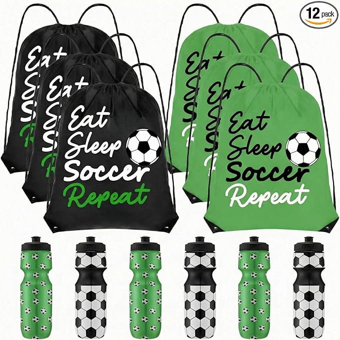 Reallnaive 12 Pcs Soccer Party Favor Gifts, 24 oz Soccer Water Bottle Reusable Sport Squeeze Drinking Cup, Eat Sleep Drawstring Bag Cinch Sack Sport Pack for School Team Gift Event Accessories