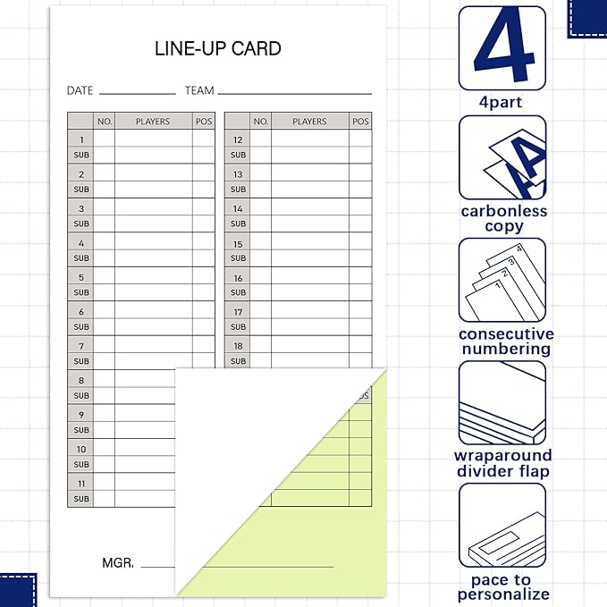 Geyee 50/100/200 Baseball Softball Lineup Cards 4.52 x 7.86 Inch Lineup Sheet Games with Player Roster Baseball Scorebook Coaching Accessories for Coaches Umpires, 4 Part Carbonless Copies(200 Sets)