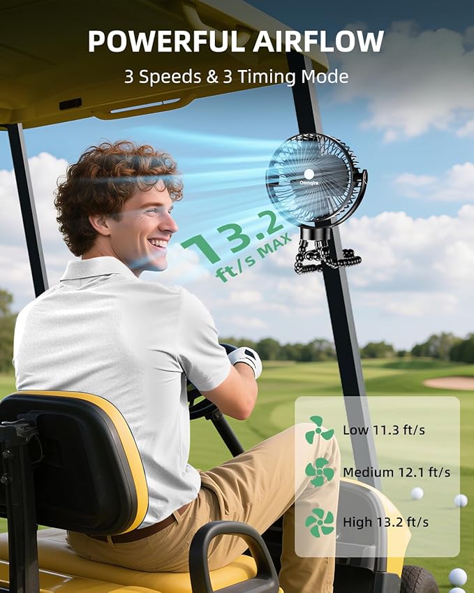 Golf Cart Fan Rechargeable, 12000mAh Battery Operated Portable Fan with 3 Speeds & Timer 360°Rotatable, Golf Palyer Essential Compatible with EZGO Club Car Yamaha Golf Accessories Gifts for Men Women