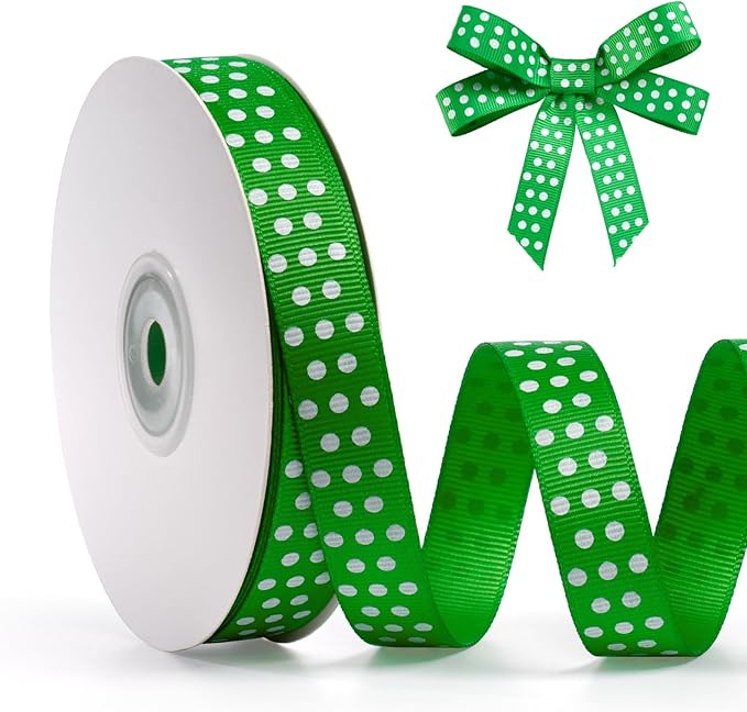 Polka Dot Grosgrain Ribbon 5/8 Inch, 25 Yards Spool Green and White Polka Dot by FAKILO