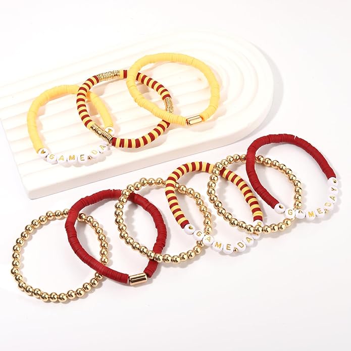 NLCAC 9 Pack Game Day Bracelets Stackable Heishi Beaded Stretchy Bracelet Preppy Jewelry Baseball Football Team Bracelets Sports Fan Accessories Gifts