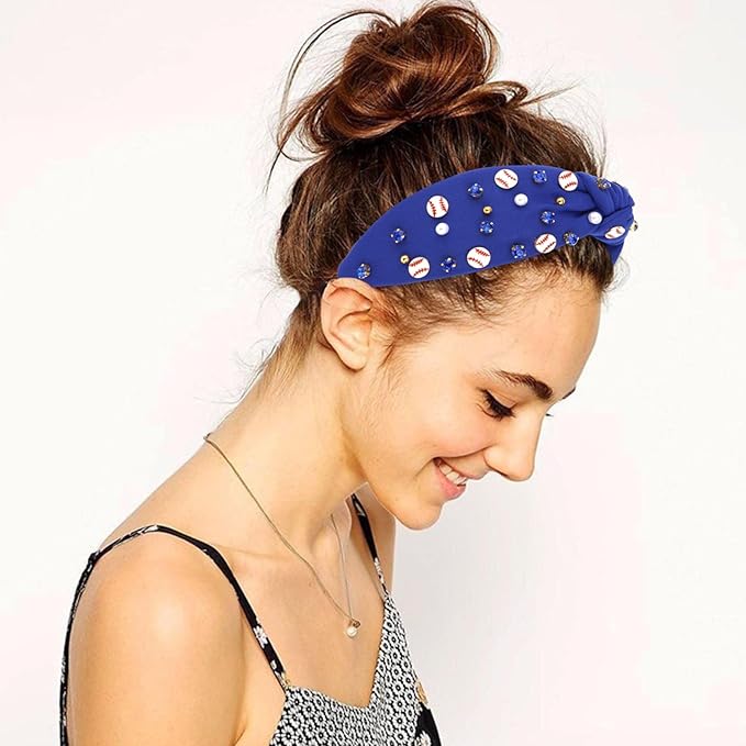 Baseball Headbands for Women Crystal Baseball Embellished Wide Top Knot Headband for Women Game Day Hair Accessories (Navy Blue)