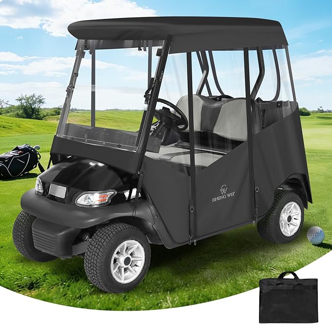 Golf Cart Enclosure 2 Passenger,Golf Cart Cover for EXCAR 2 Seater,Waterproof 600D Oxford Rain Cover Driving Enclosure,Roll Up 4-Sided Clear Windows&Door