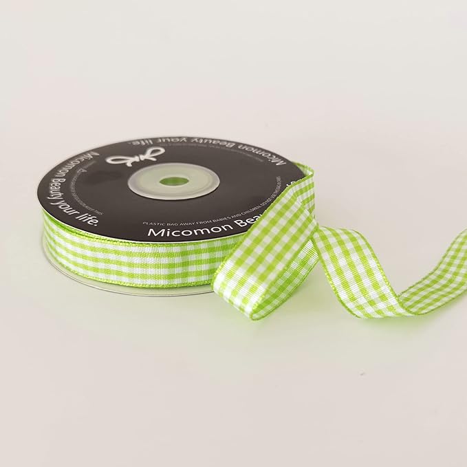 Apple Green Light Green Gingham Plaid Checked Ribbon 25 Yards Each Roll 100% - Image 5