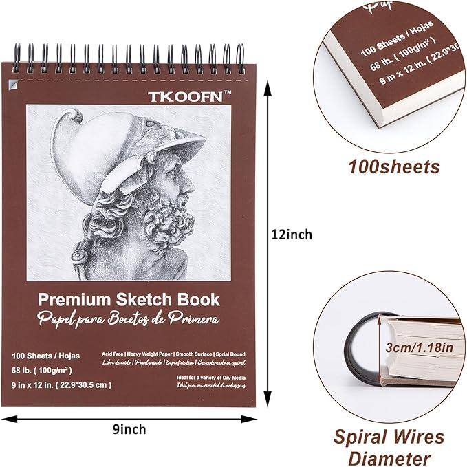 TKOOFN 9" x 12" Sketch Book, 5 Pack Top Spiral Bound Premium Sketchbook - Image 2