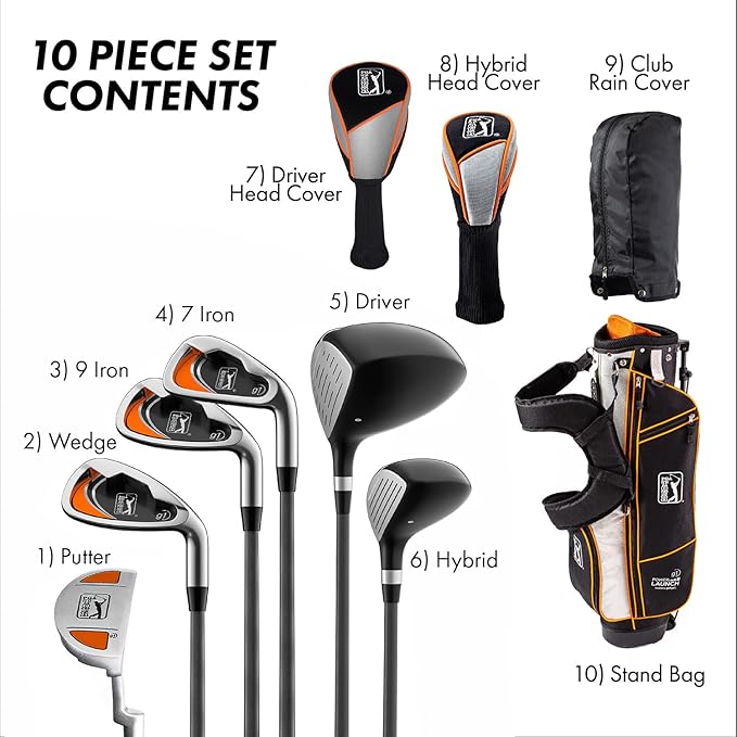 PGA Tour Youth Golf Club Set for Ages 5-15+ (3’5”-5’10”), Right and Left-Handed Kids Golf Sets – Beginner Junior Golf Clubs with Lightweight Stand Bag, Mallet Putter, Hybrid, Driver