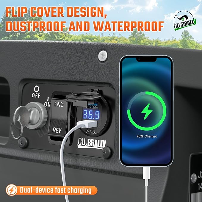 EZGO Key Switch Plate with Forward Reverse Switch, DC 9V-48V 3.1A Fast Charge Dual USB Charger, LED Digital Voltmeter, Fit Electric EZGO TXT, Medalist, PDS Golf Carts((Black/Red))