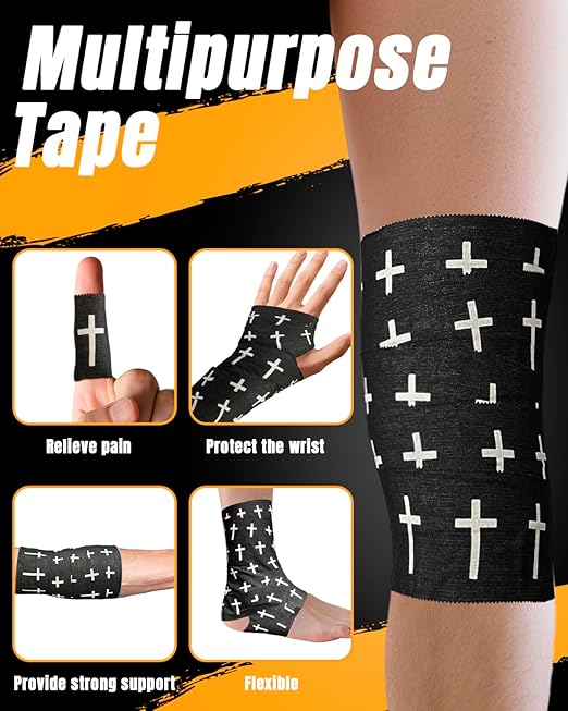 Yigney 3 Pack Black Cross Christian Athletic Tapes (2IN X 23FT) for Soccer, Football, Baseball, Gymnastics, Boxing, Tennis