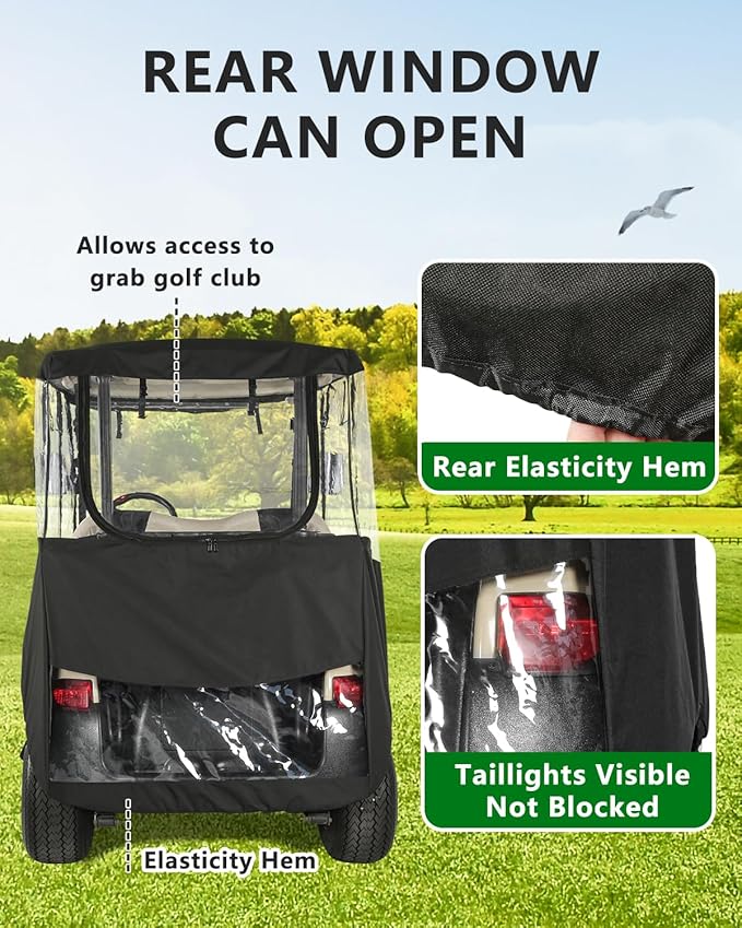 2 Passenger Golf Cart Enclosure for Club Car Precedent Tempo Onward, 600D Waterproof Driving Rain Cover with Full Roll-Up Clear Windows & Doors, Heavy Duty Zippers & Side Mirror Openings