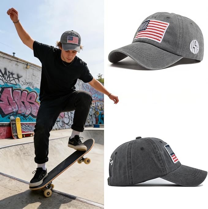 2 Pack American Flag Baseball Cap Unisex Hat, Classic Hat for Men Women Light Gray, Dark Gray