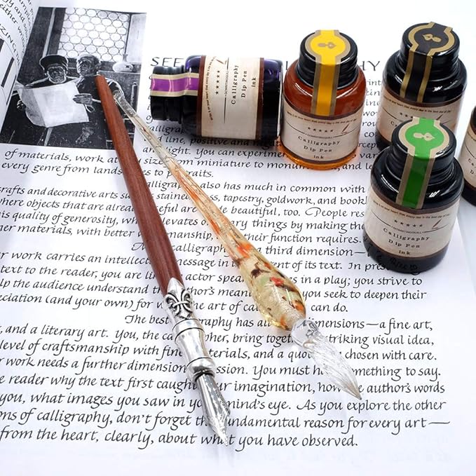 GC QUILL MU-02 Calligraphy Pen Set, Glass Dip Pen and Handcrafted Wooden Dip - Image 6