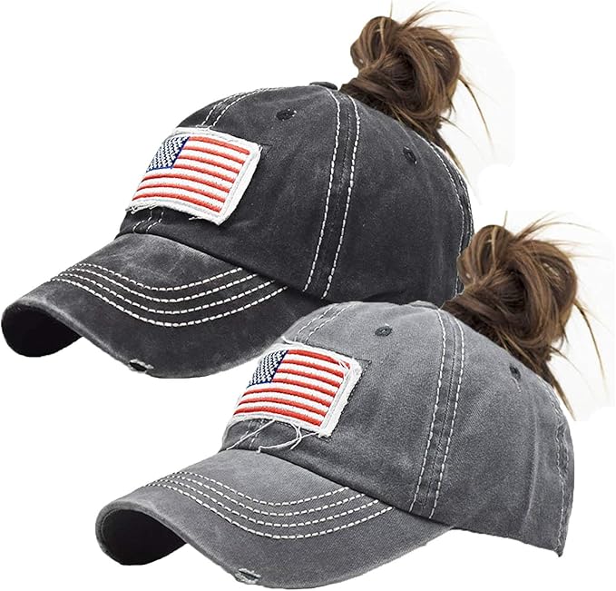 Distressed Ponytail Hat for Women American-Flag Pony Tail Caps High Bun
