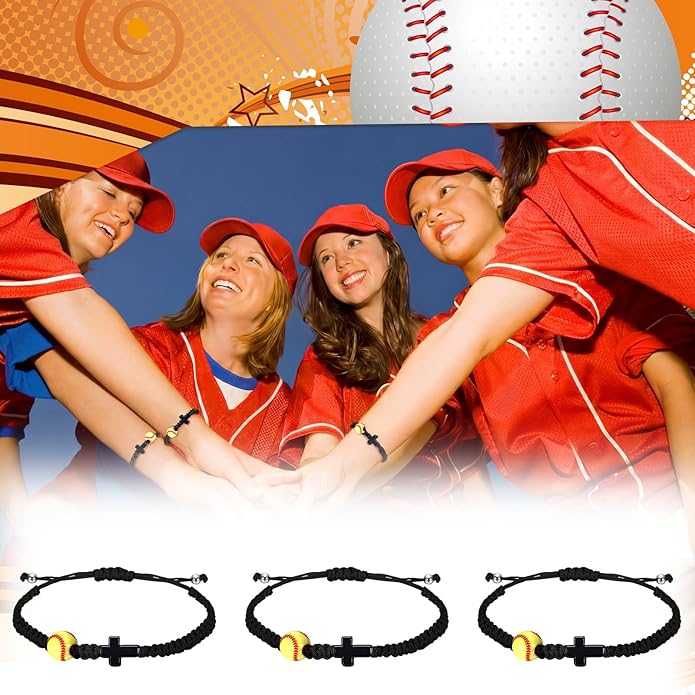 Tondiamo 12 Set Christian Cross Balls Bracelets Gifts Adjustable Baseball Volleyball Softball Woven Jewelry Charm Bracelets with Inspirational Cards for Team Gifts Sports Lover