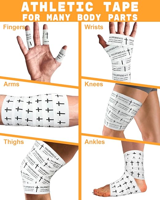 Yigney 4 Pack Christian Athletic Tapes Religious Sport Tape Bible Verse Wrist Tape Cross White Tape for Sports Gymnastics Tennis 1.5IN X 23FT