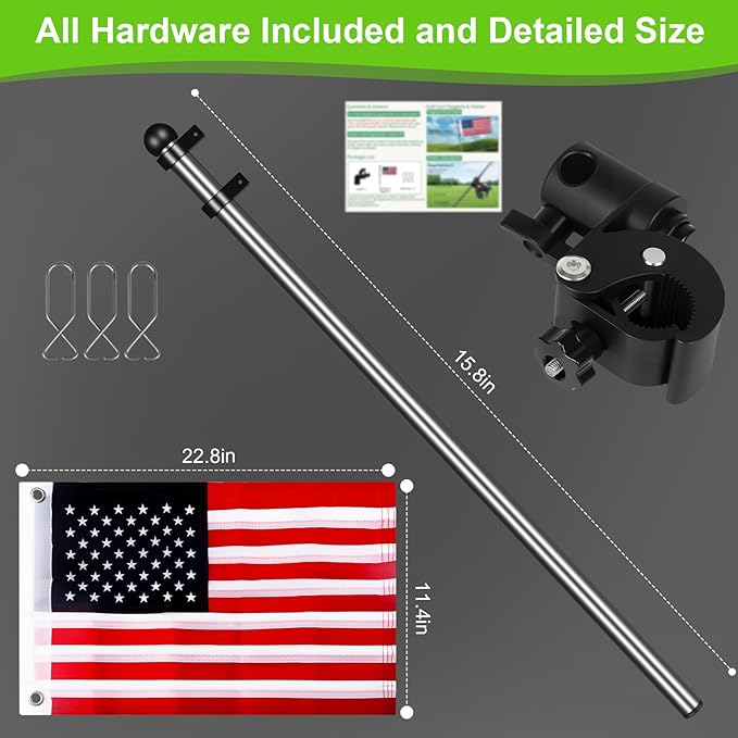 Golf Cart Adjustable Flag Holder, Universal Flagpole for EZGO Club Car Yamaha, Flag Bracket for 0.59-1.18" Round/Oval Square Rails Push Cart, UTV, ATV, Included USA Flags (12"×18")
