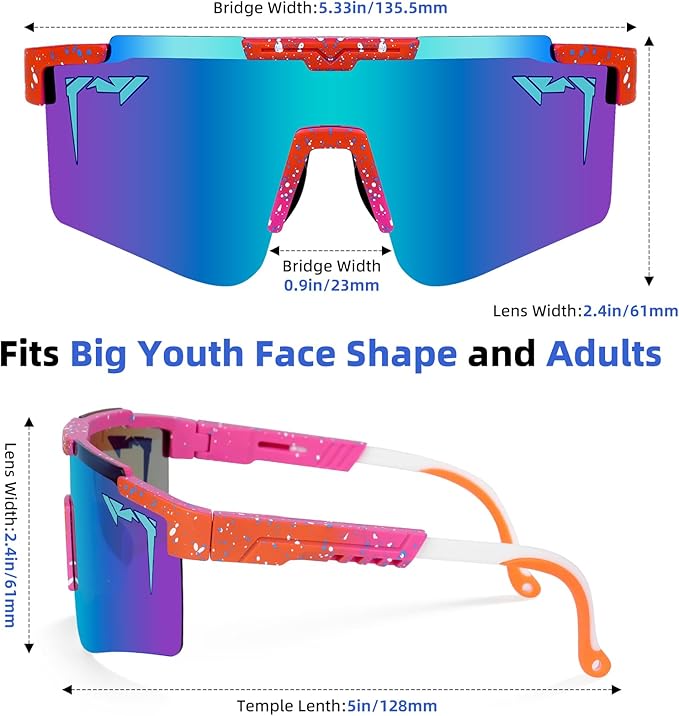2-Sizes Kids Youth Baseball Sunglasses Men Women Vipers Sunglasses Softball Boys Girl True Polarization &UV Protection