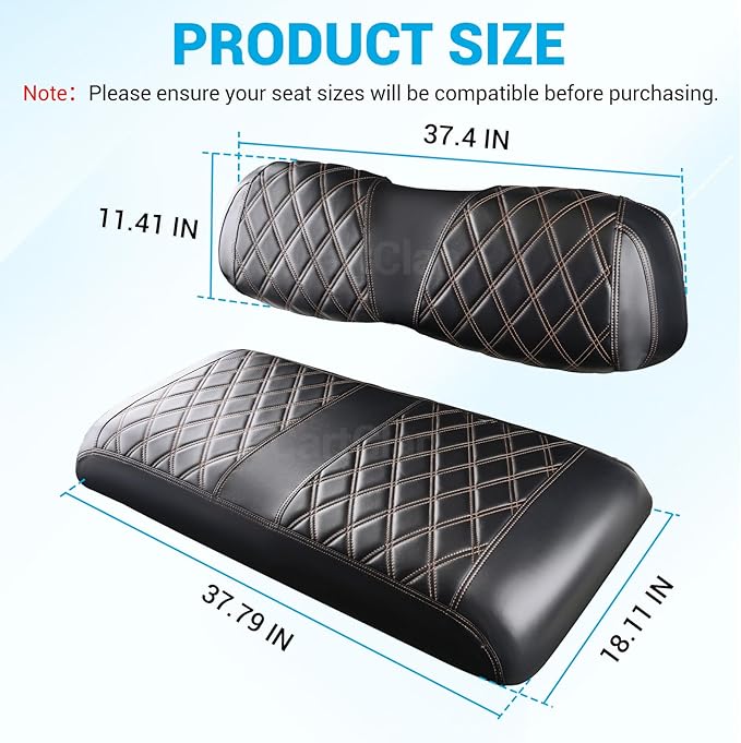 Golf Cart Diamond Seat Covers Kit Suitable for 2000.5-UP Club Car DS Standard Front Seat Cushion, Club Car Front Seat Covers Kit No Drilling & Waterproof (Black PVC Leather & Brown Stitching)