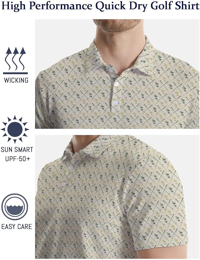 HUURAY Funny Golf Polos for Men Funny Print Short Sleeve Shirts Quick Dry Polo Shirts Hawaiian Shirt Performance Golf Outfits