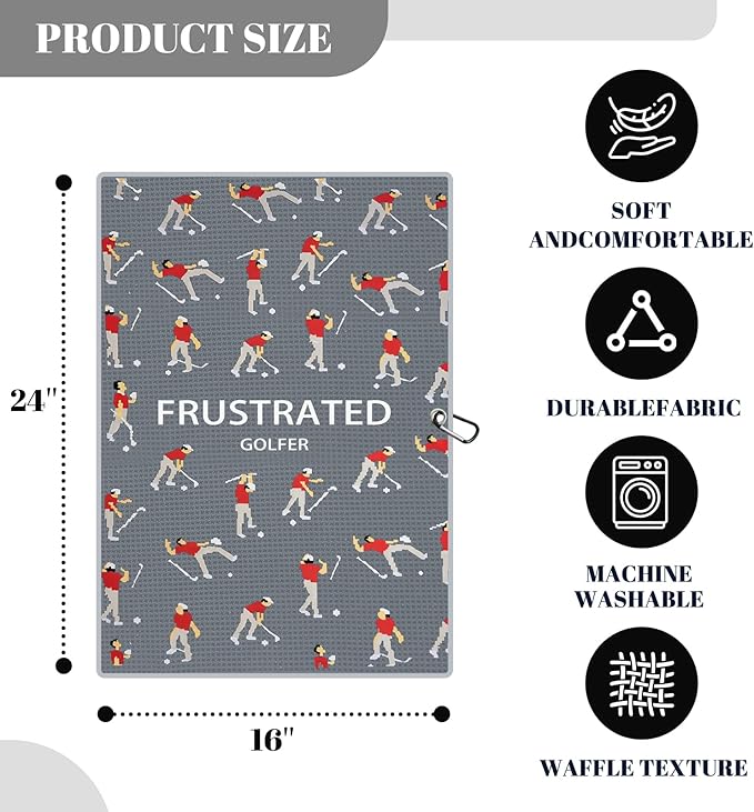 Microfiber Golf Towels (16" X 24") with Carabiner Clip, Waffle Pattern Golf Towel Hook and Loop Fastener, Golf Club Towel, Premium Golf Accessories, Gift for Men, Golfers, Dad (Gray)