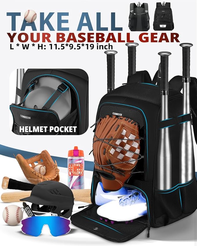 COMECOI Baseball Bag, Baseball Backpack with Helmet Shoes Bag for Youth, Adult, Lightweight Softball Bag with Fence Hook Hold TBall Bat, Baseball Glove, Helmet, Caps, All Gear