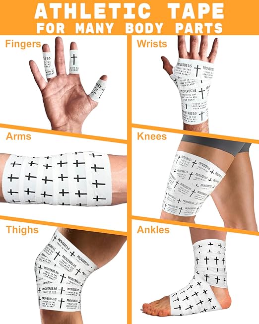 Yigney 4 Pack Christian Athletic Tapes Religious Sport Tape Bible Verse Wrist Tape Cross White Tapes for Sports Gymnastics Tennis 1.5IN X 23FT
