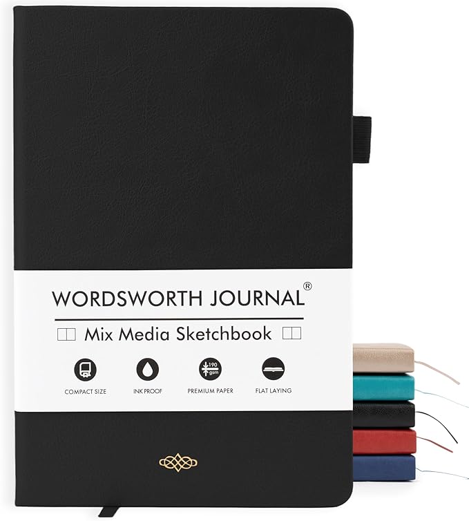 Wordsworth & Black A5 Mixed Media Journal 96 Mix Pages, Hardcover Leather by WordsworthBlack