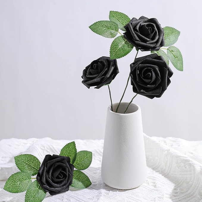 AmyHomie Artificial Flowers Black Rose 25pcs Real Looking Fake Roses w/Stem - Image 6