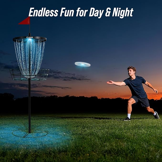 Portable Disc Golf Basket, 24/12 Detachable Chains Disk Golf Target with Sound Reducer for Quiet Practice, Night Practice Set with Remote LED Light, 3 Light Up Discs & 4 Ground Stakes
